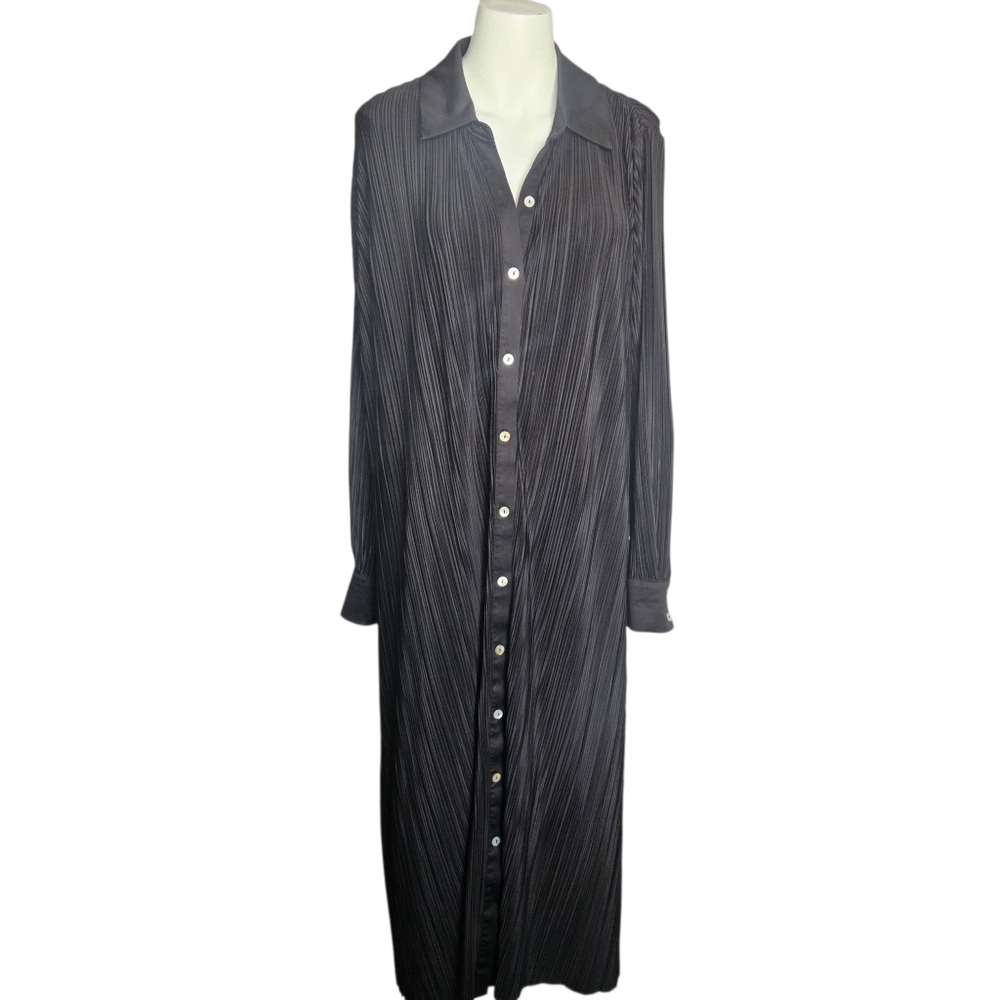 Saks Fifth Avenue Black Pleated Button Front Collared Maxi Dress Sz Large Formal